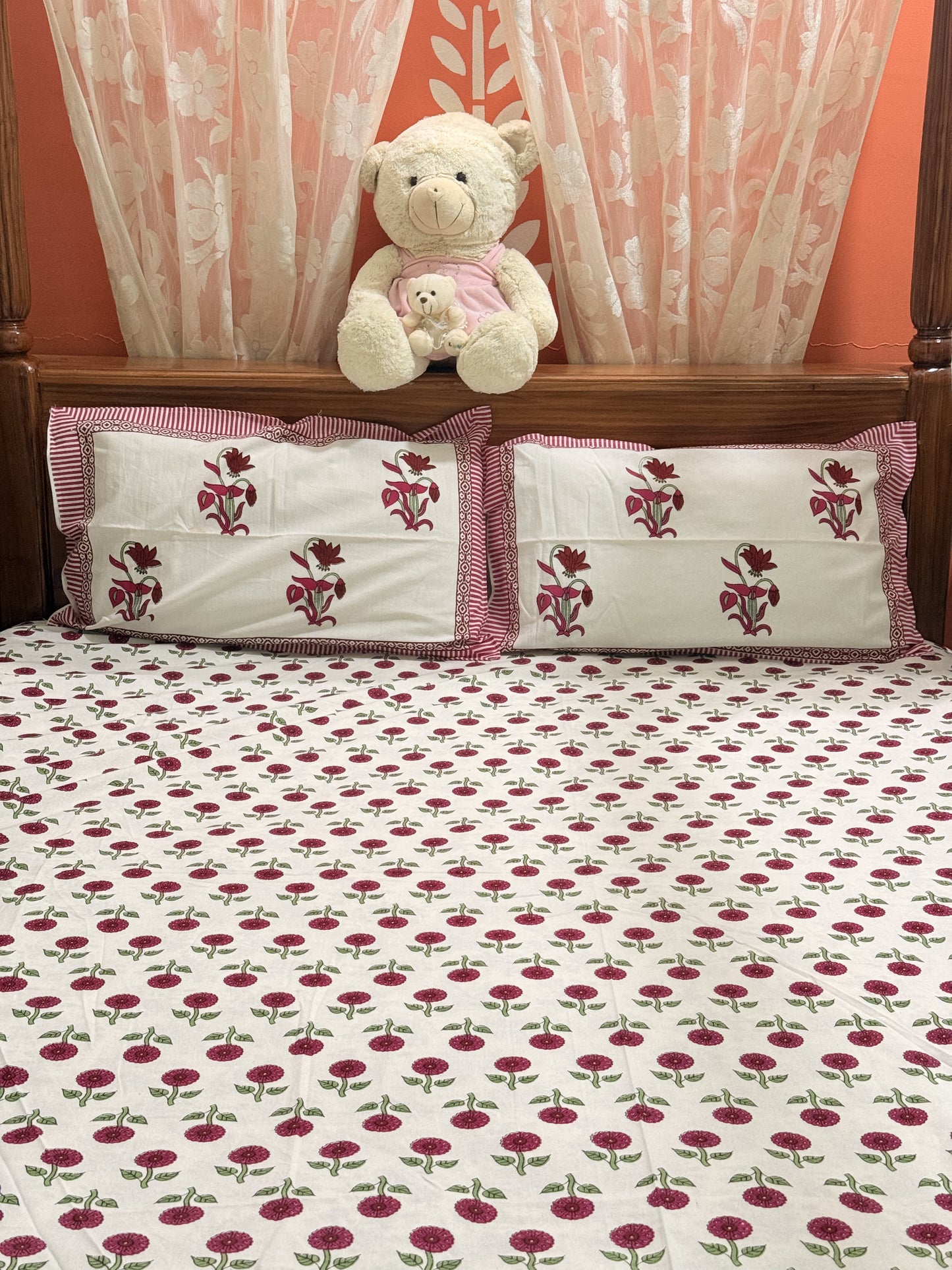 Red Premium Cotton Double Handblock Bedsheet