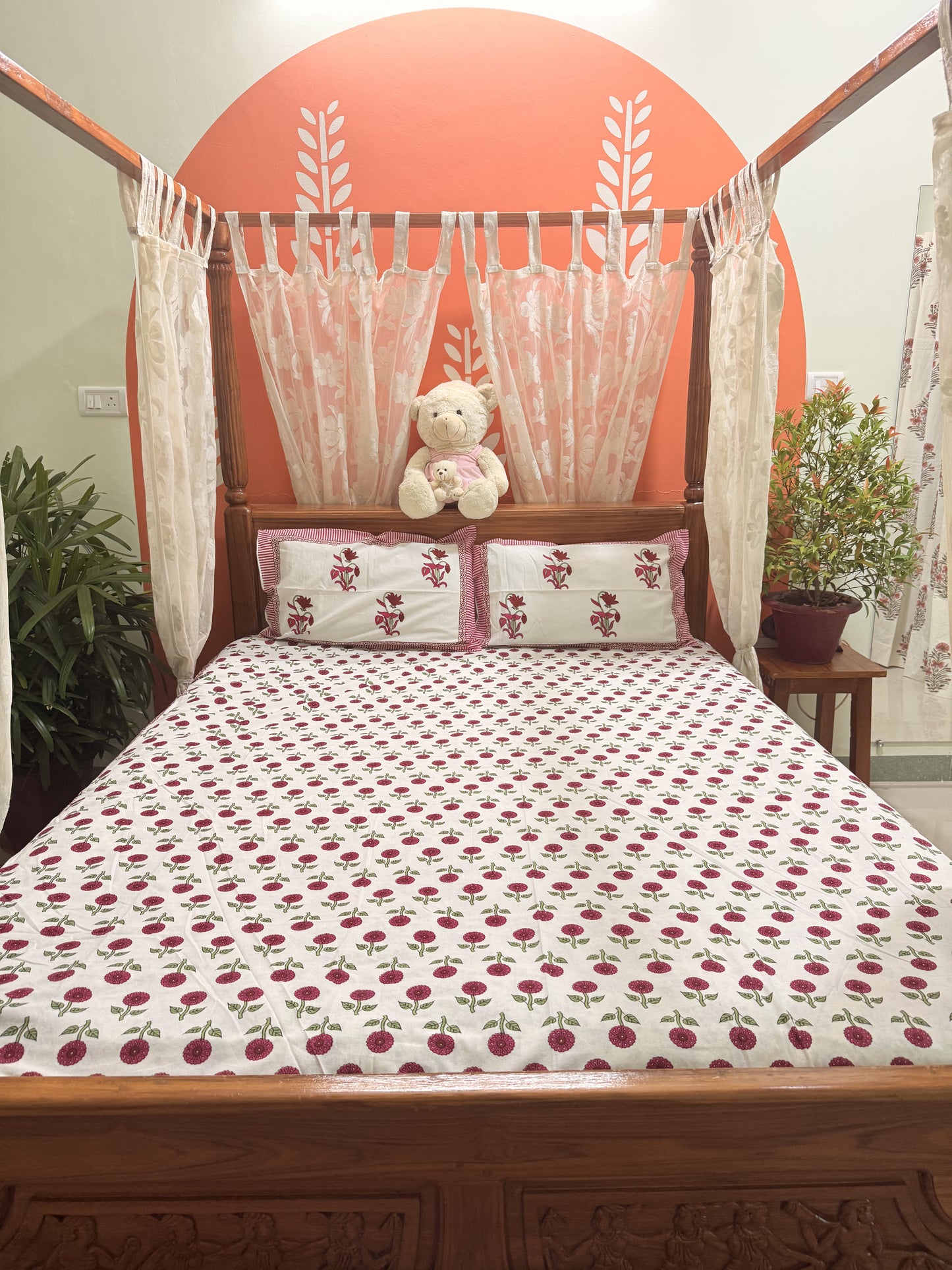 Red Premium Cotton Double Handblock Bedsheet