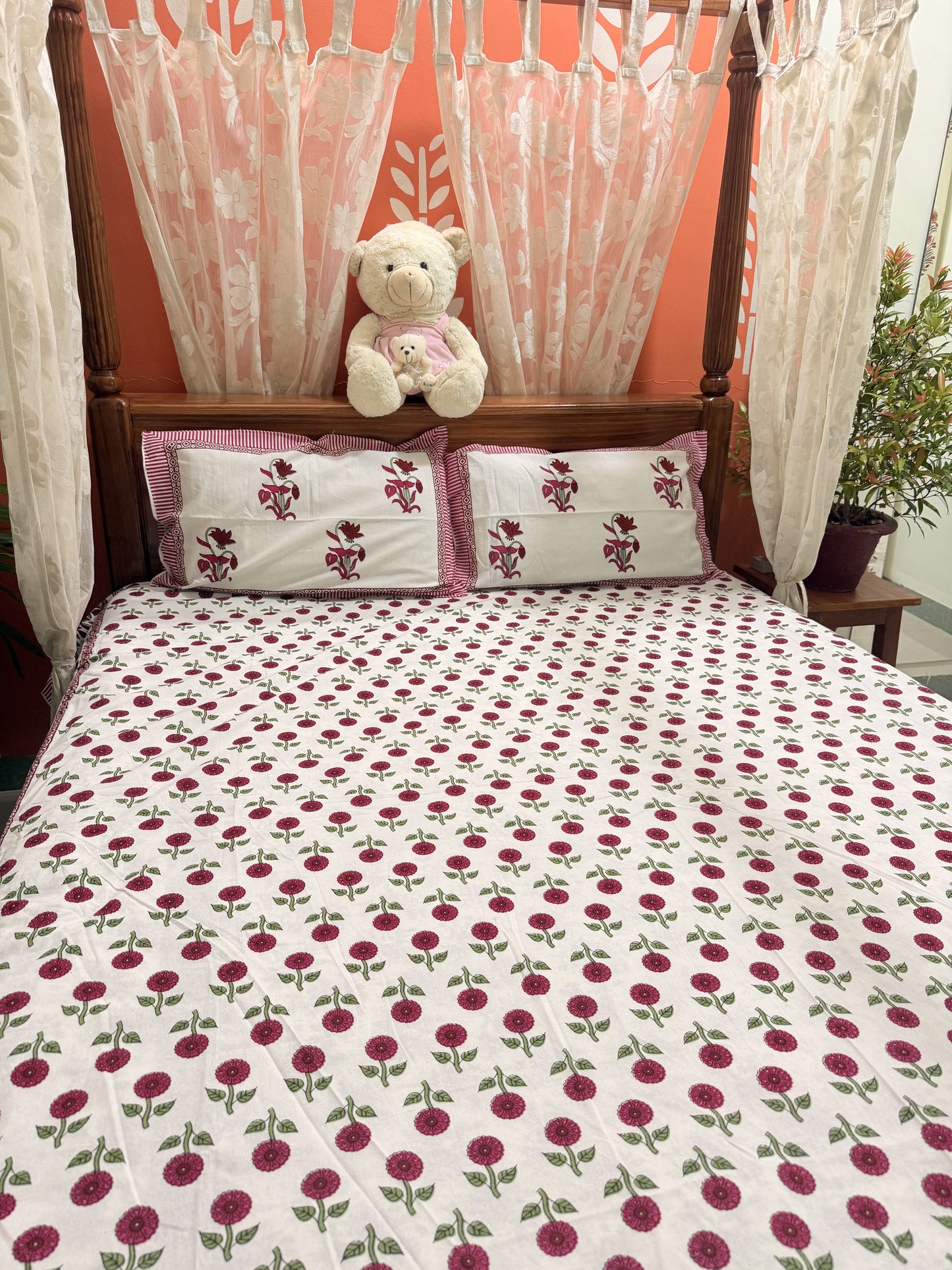Red Premium Cotton Double Handblock Bedsheet
