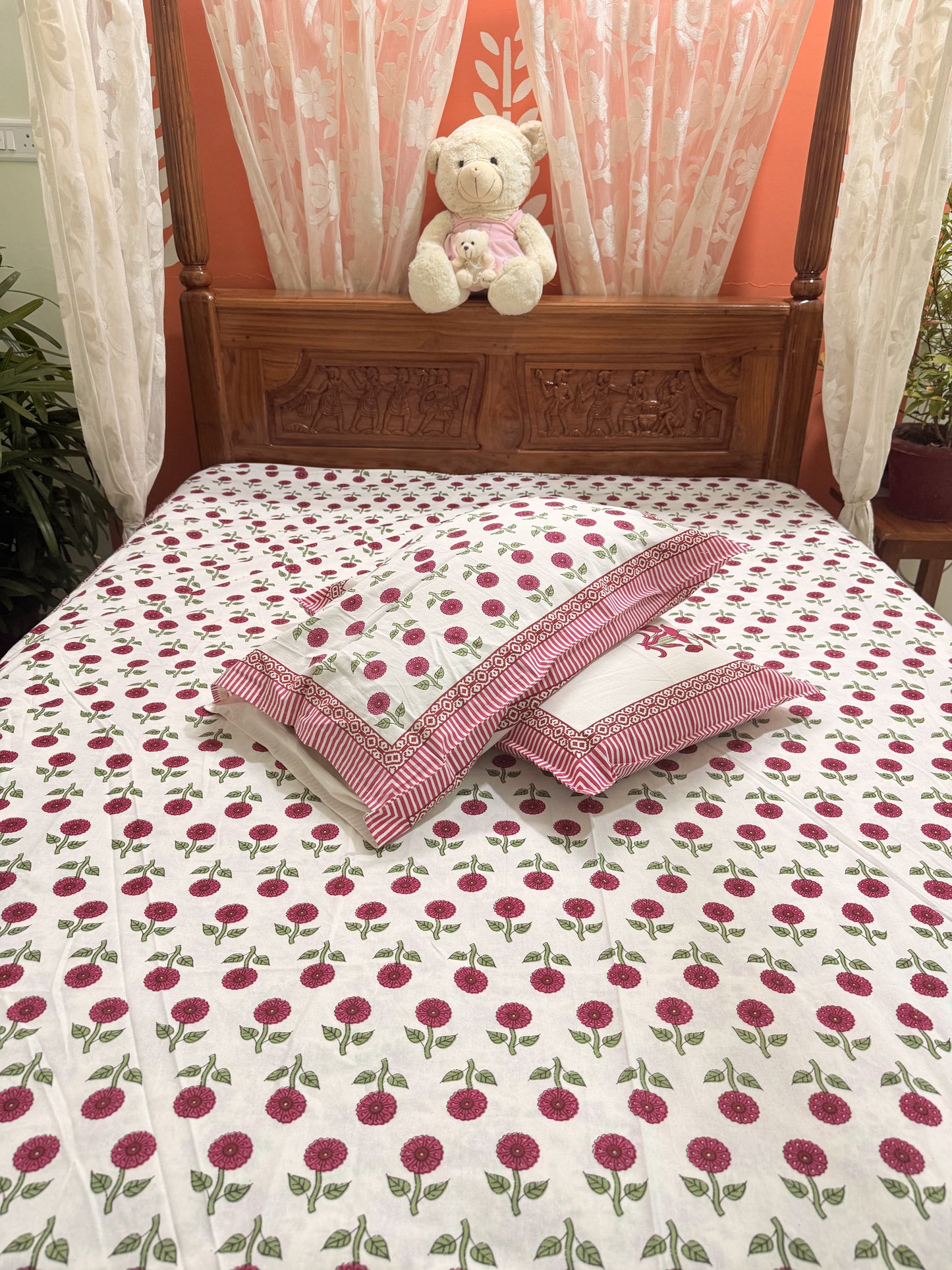 Red Premium Cotton Double Handblock Bedsheet