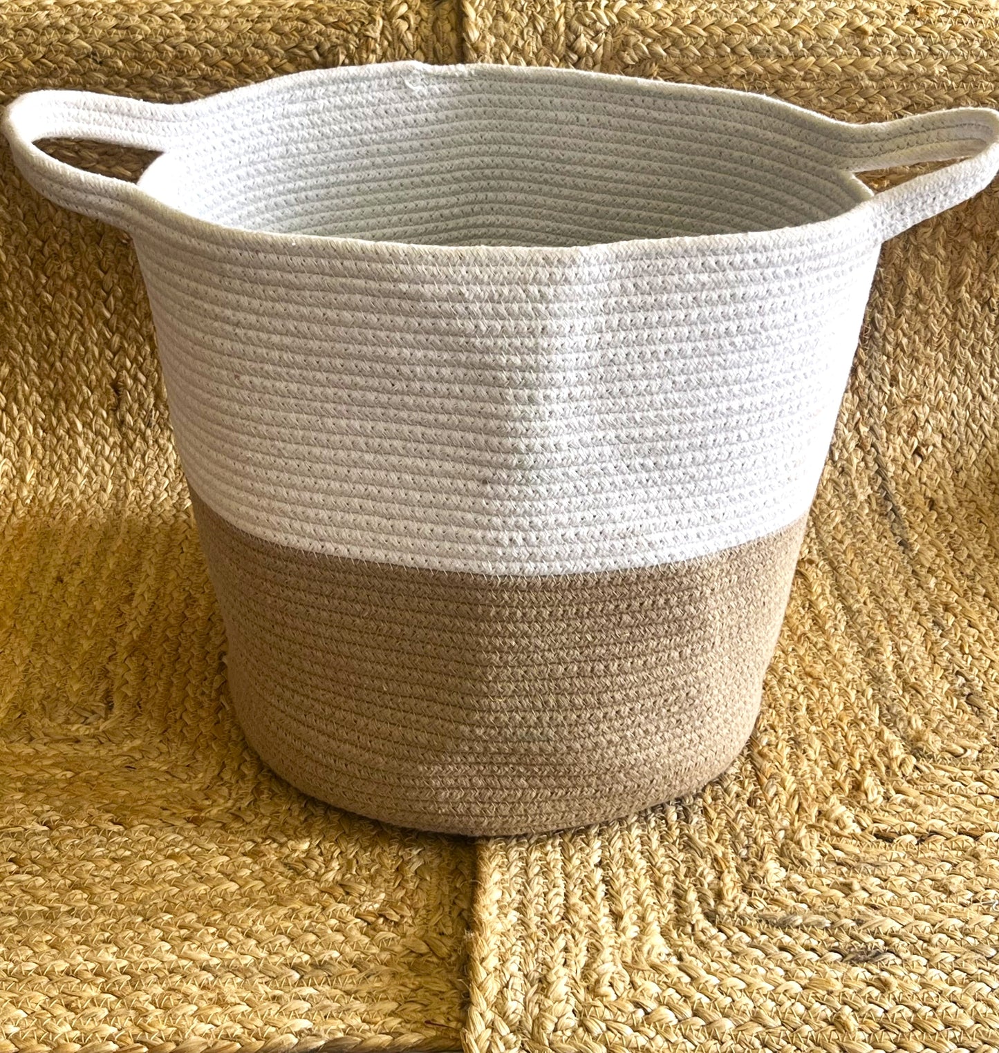 Jute Laundry Storage Basket Organizer with Handles - Beige and White