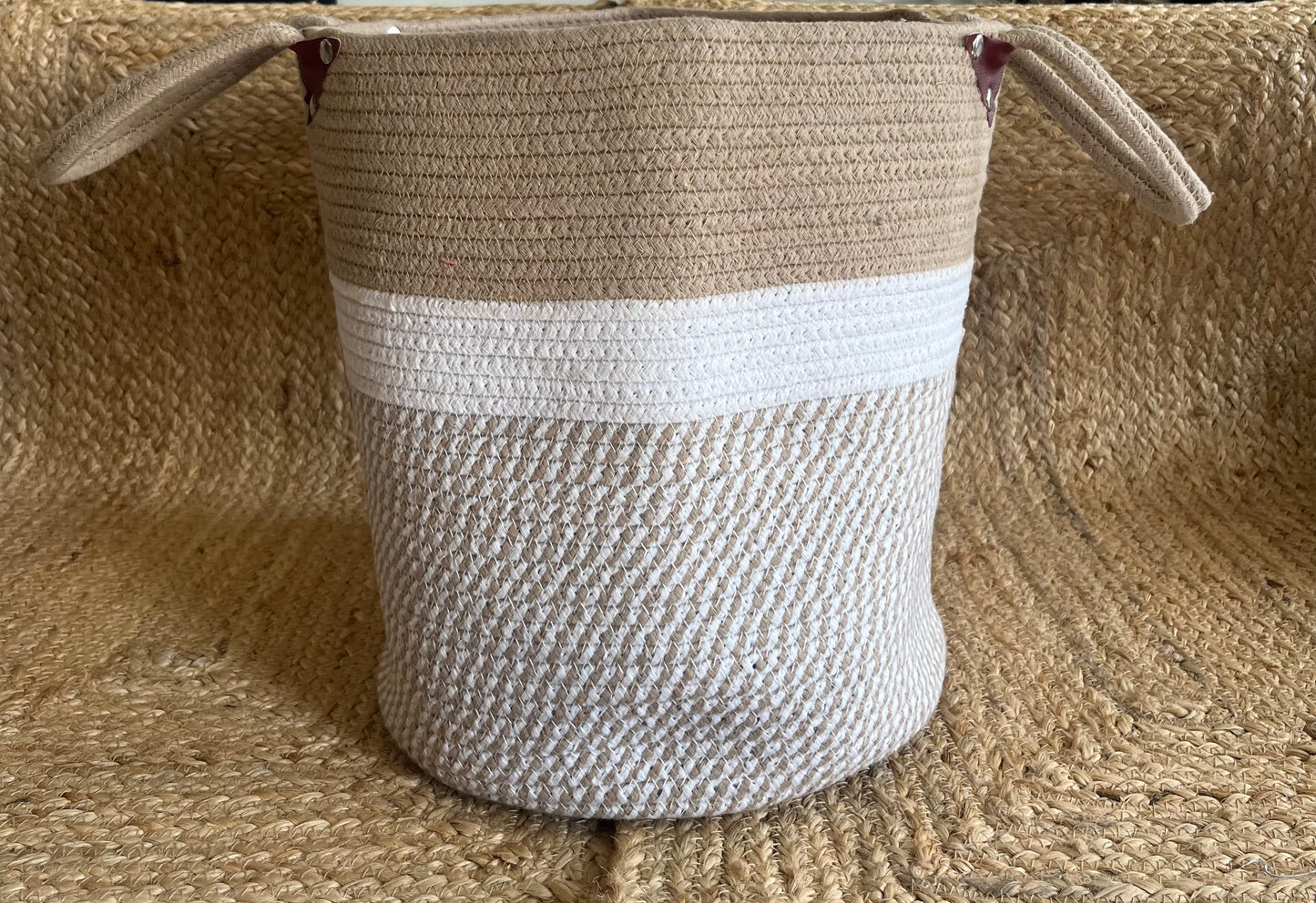 Jute Large Basket Storage Organizer with Handle - Beige and White