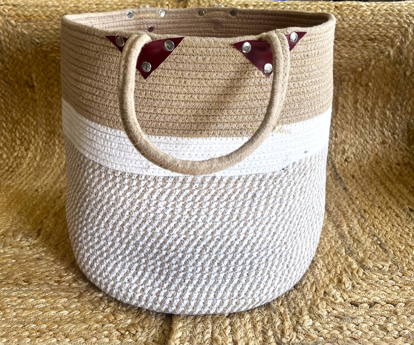 Jute Large Basket Storage Organizer with Handle - Beige and White