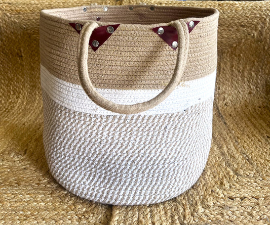 Jute Large Basket Storage Organizer with Handle - Beige and White