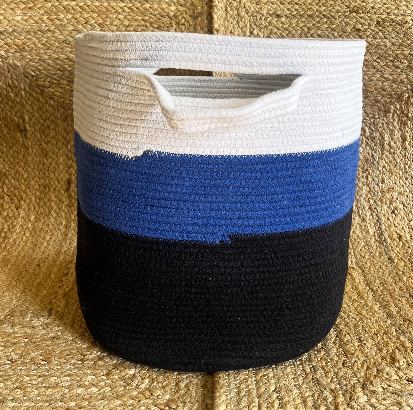 Jute Laundry Storage Basket Organizer with Handles - Blue Black