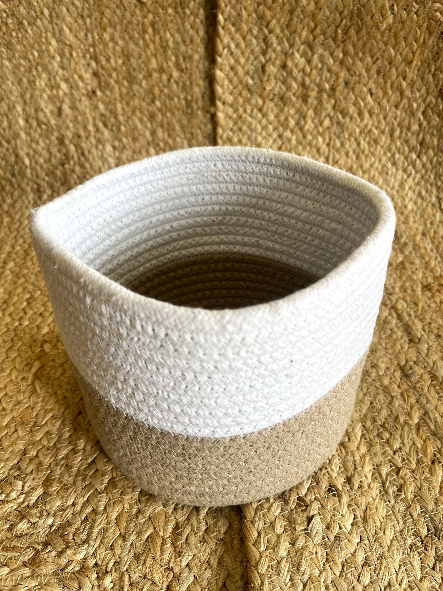Small Jute Plant Basket Organizer – Dual Tone Beige & White | Household Storage Basket