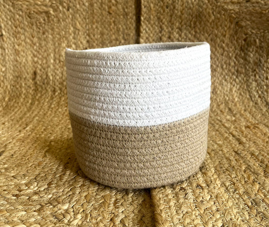 Small Jute Plant Basket Organizer – Dual Tone Beige & White | Household Storage Basket