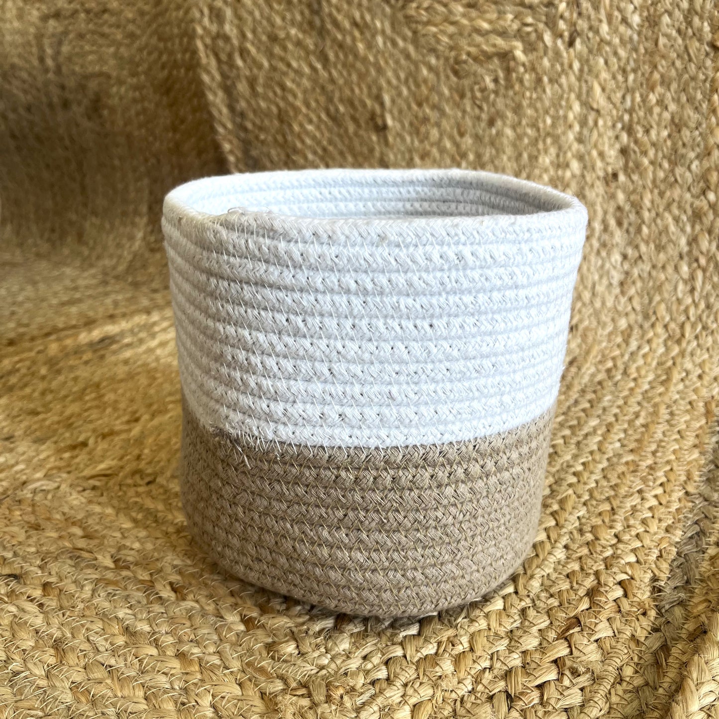 Small Jute Plant Basket Organizer – Dual Tone Beige & White | Household Storage Basket