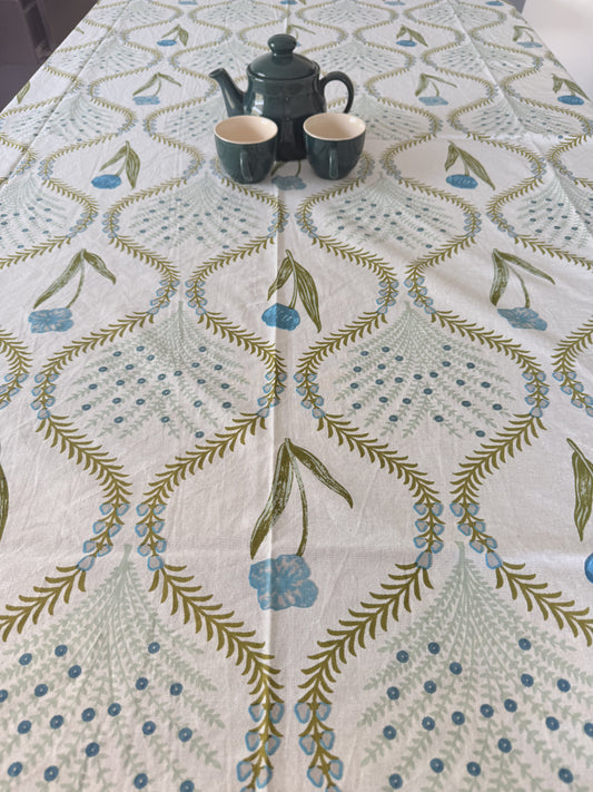 Green Cotton Handblock Dining Table Cover