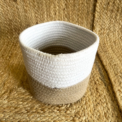 Small Jute Plant Basket Organizer – Dual Tone Beige & White | Household Storage Basket