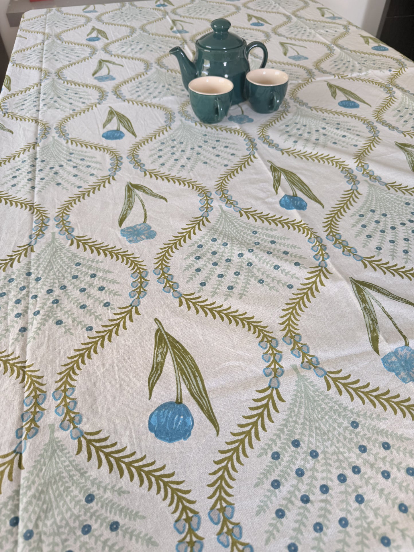 Green Cotton Handblock Dining Table Cover