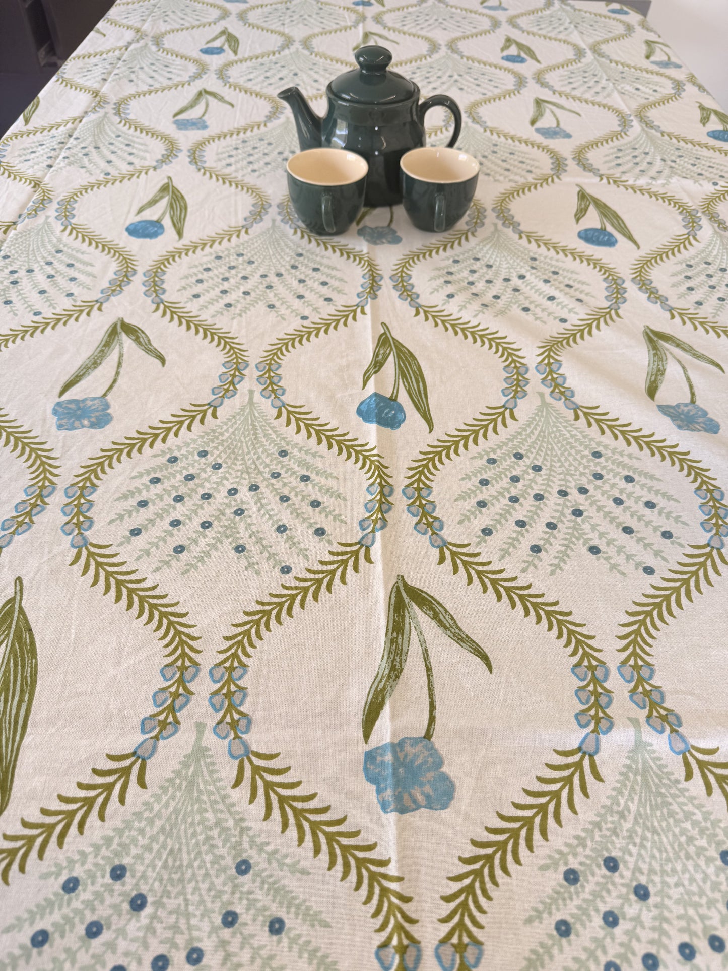 Green Cotton Handblock Dining Table Cover