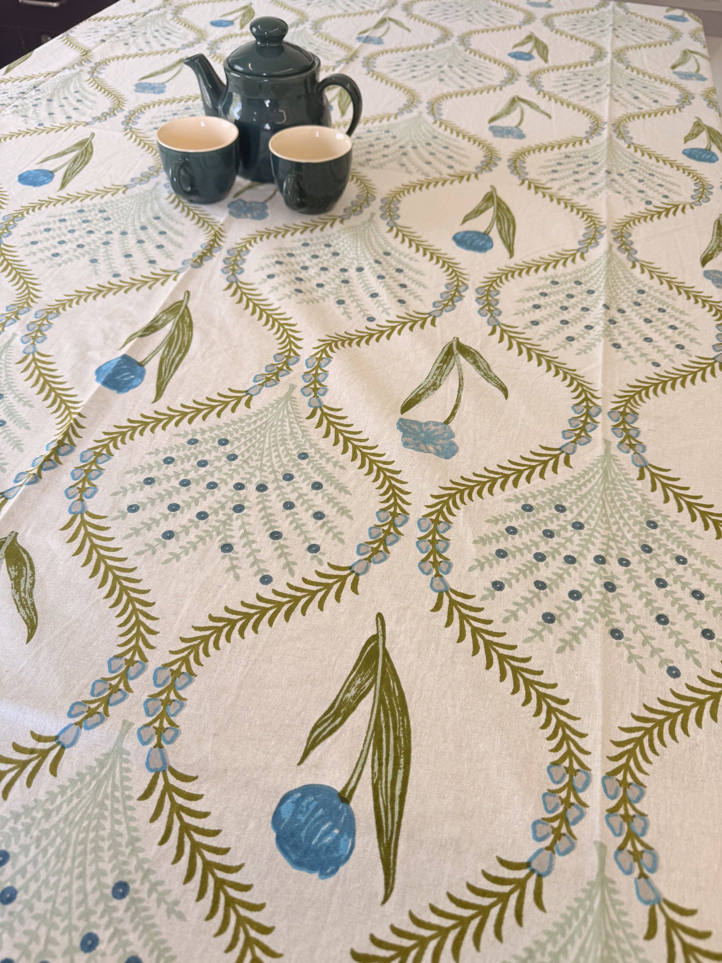 Green Cotton Handblock Dining Table Cover