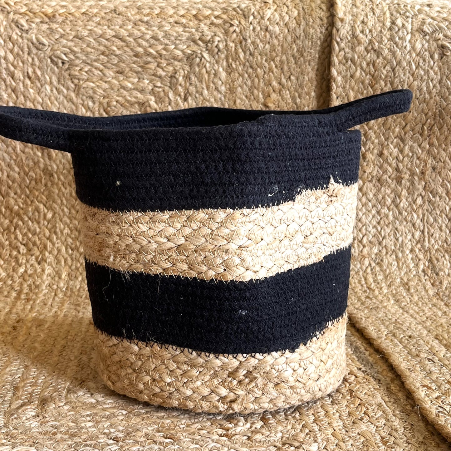 Jute Braided Multipurpose Storage Basket Organizer with Handles – Black & Jute