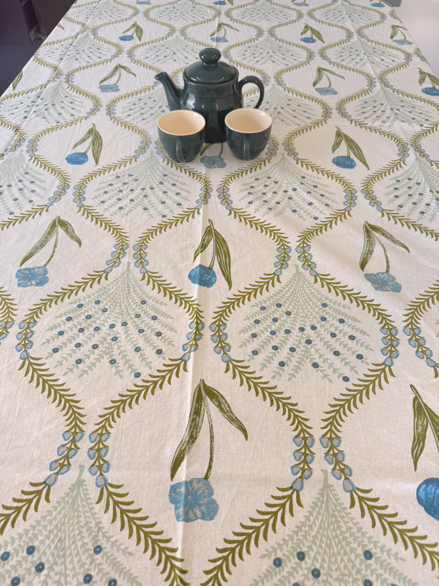 Green Cotton Handblock Dining Table Cover