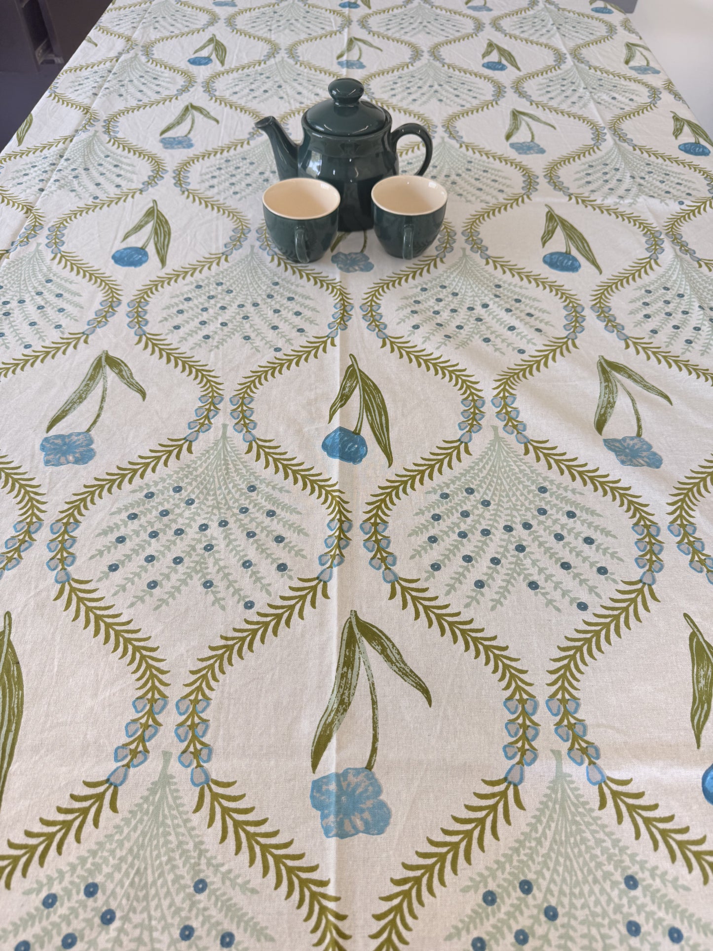 Green Cotton Handblock Dining Table Cover