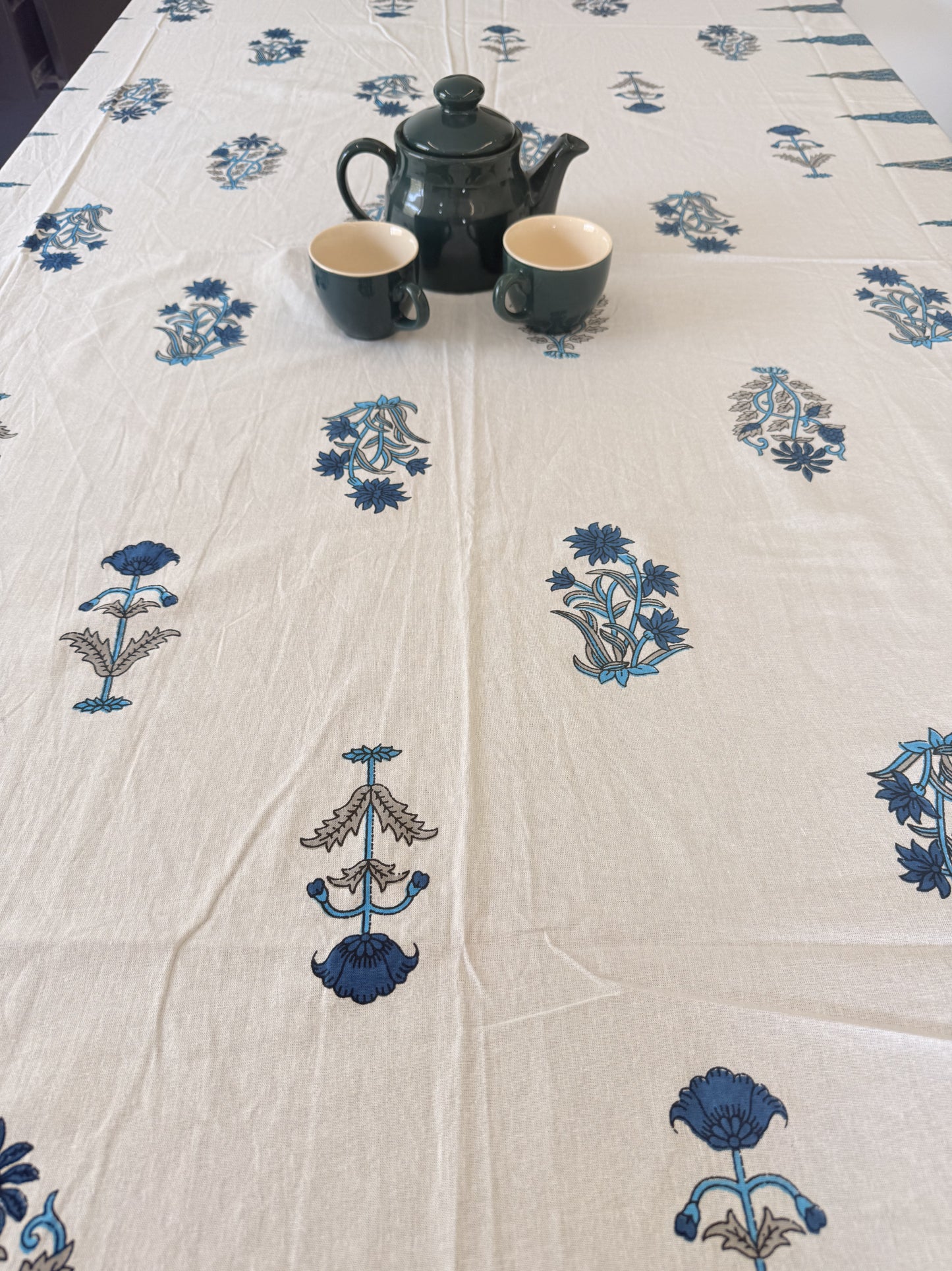 Blue and White Cotton Handblock Dining Table Cover