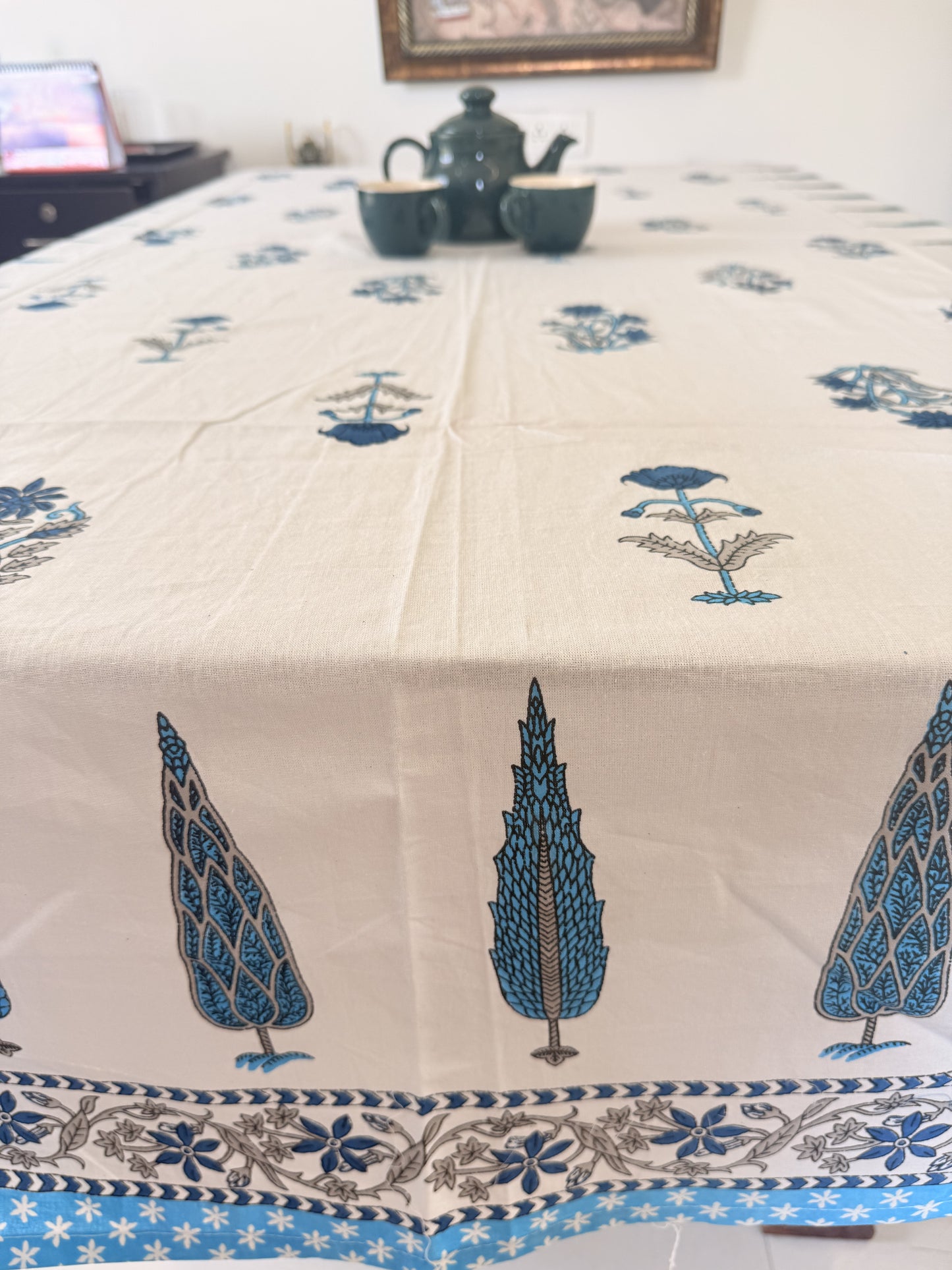 Blue and White Cotton Handblock Dining Table Cover