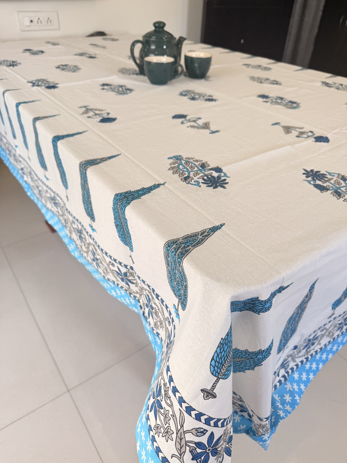 Blue and White Cotton Handblock Dining Table Cover