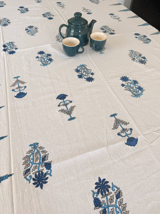 Blue and White Cotton Handblock Dining Table Cover