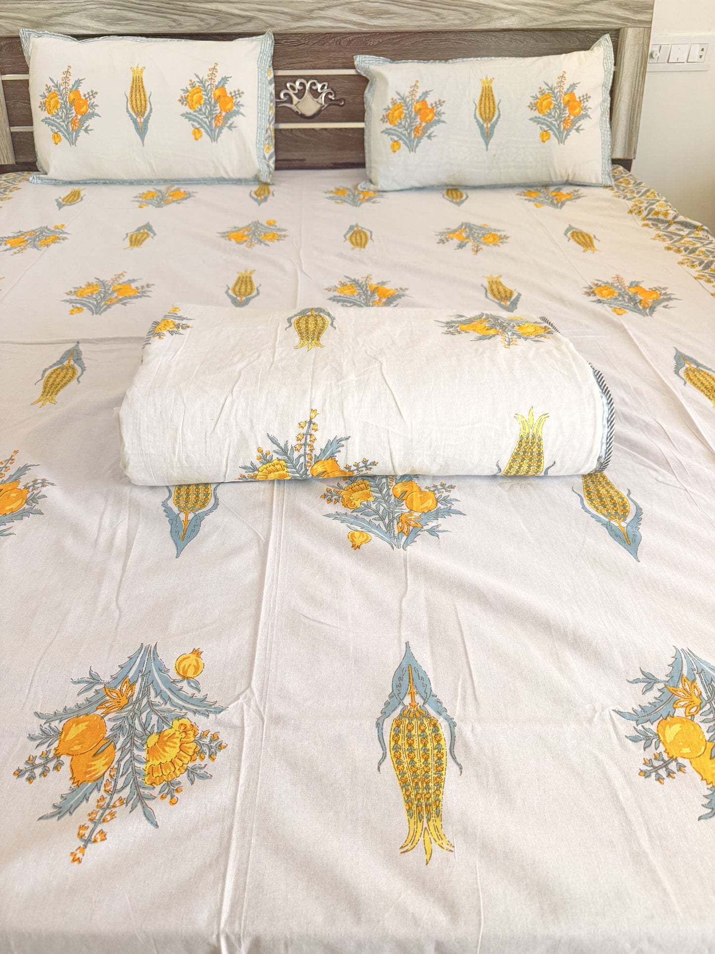 Yellow Pomegranate Floral Double Bed Dohar