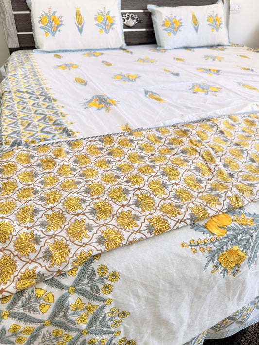 Yellow Pomegranate Floral Double Bed Dohar
