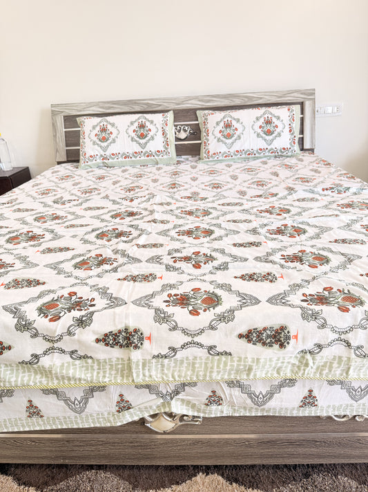 Green Chain Pomegranate Handblock Double Bedsheet