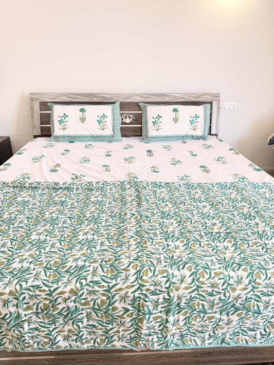 Green Single Floral Handblock Double Bedsheet