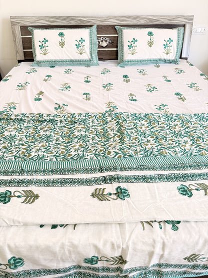 Green Single Floral Handblock Double Bedsheet