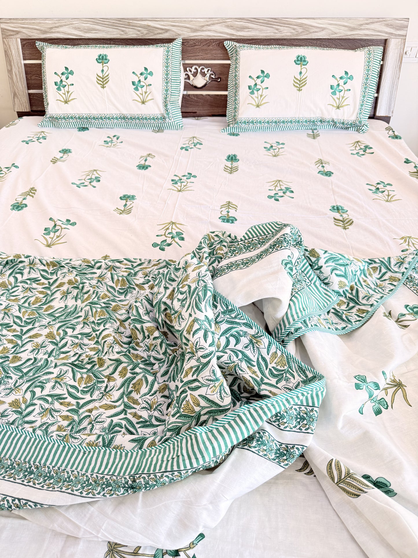 Single Green Floral Double Bed Dohar