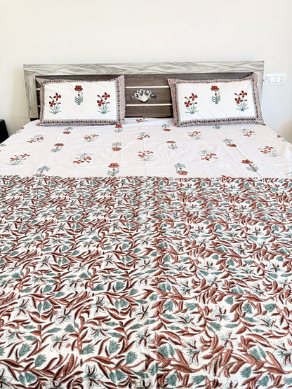 Red Single Floral Handblock Double Bedsheet