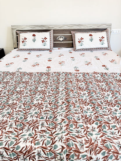 Red Single Floral Double Dohar, Bedsheet and Pillow Cover Set