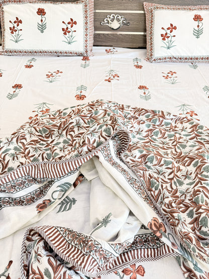 Red Single Floral Double Dohar, Bedsheet and Pillow Cover Set