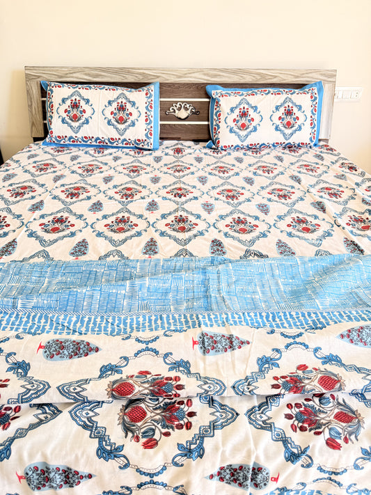 Blue Chain Handblock Double Bedsheet