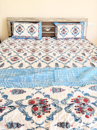 Blue Chain Handblock Double Bedsheet