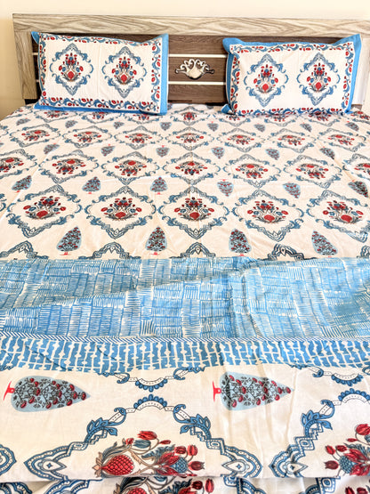 Blue Chain Handblock Double Bedsheet