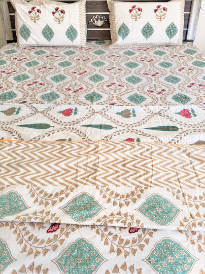 Brown wave Handblock Cotton Double Dohar with Double Bedsheet