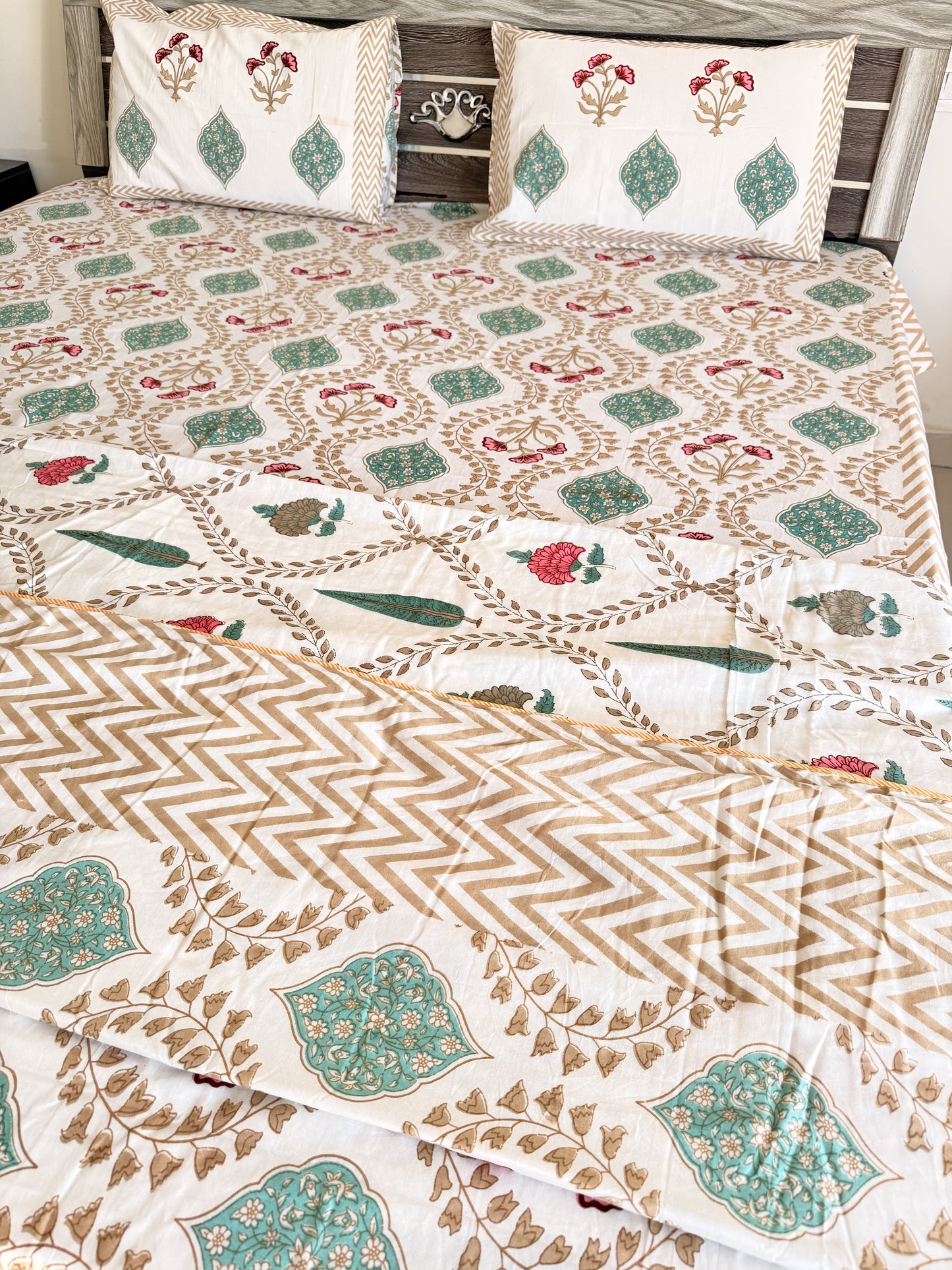 Brown Wave Handblock Double Bedsheet