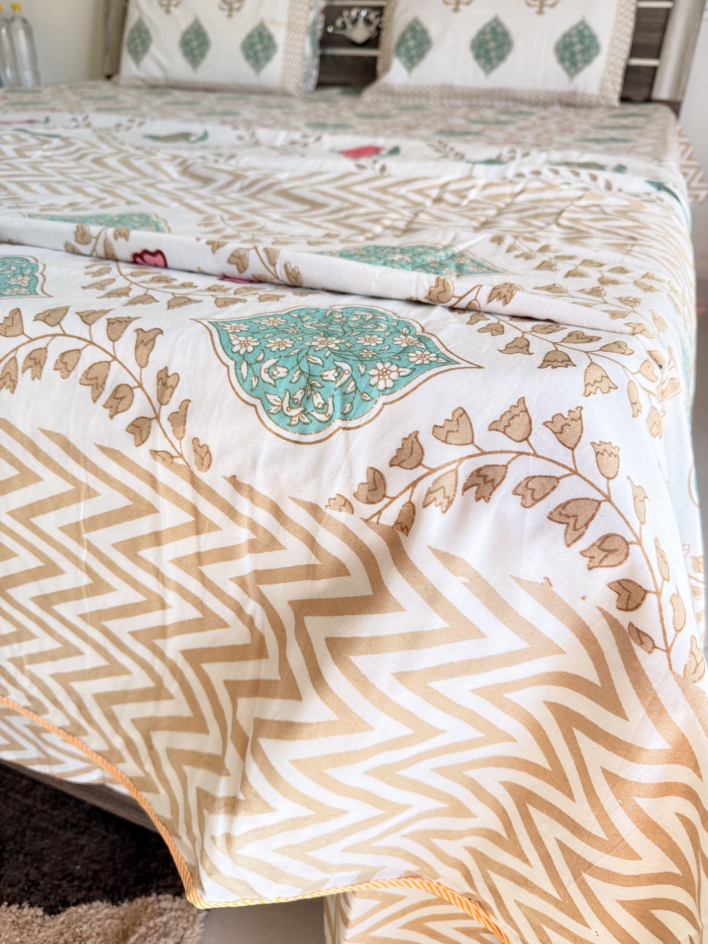 Brown Wave Handblock Double Bedsheet