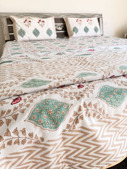 Brown wave Handblock Cotton Double Dohar with Double Bedsheet