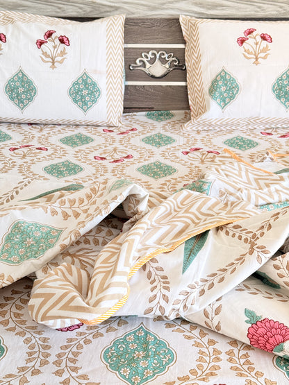Brown wave Handblock Cotton Double Dohar with Double Bedsheet