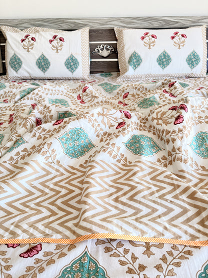 Brown wave Handblock Cotton Double Dohar with Double Bedsheet