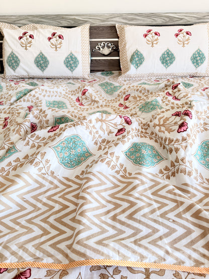 Brown wave Handblock Cotton Double Dohar with Double Bedsheet