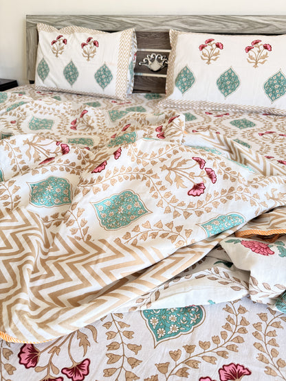 Brown wave Handblock Cotton Double Dohar with Double Bedsheet