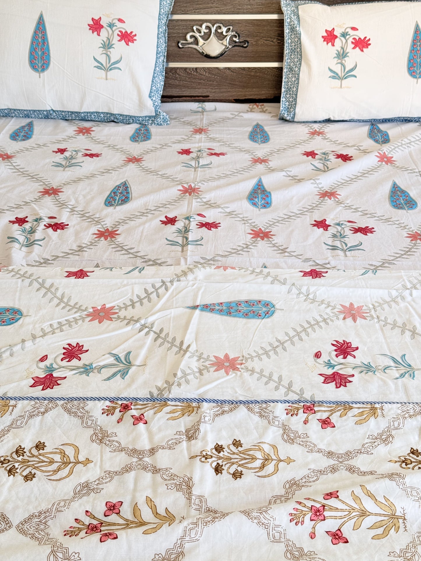 Pastel Blue Handblock Double Bedsheet