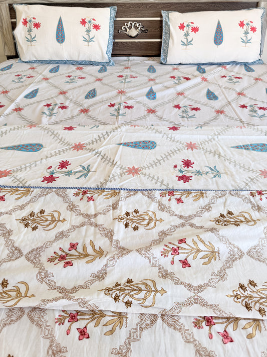 Pastel Blue Handblock Double Bedsheet