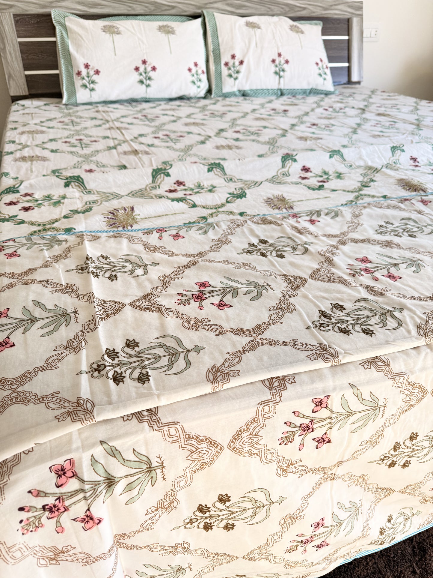 Green Floral Handblock Double Bedsheet