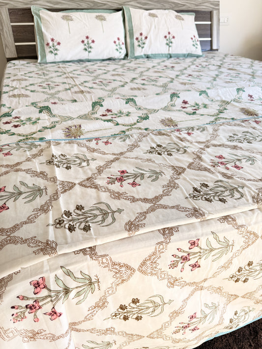 Green Floral Handblock Double Bedsheet
