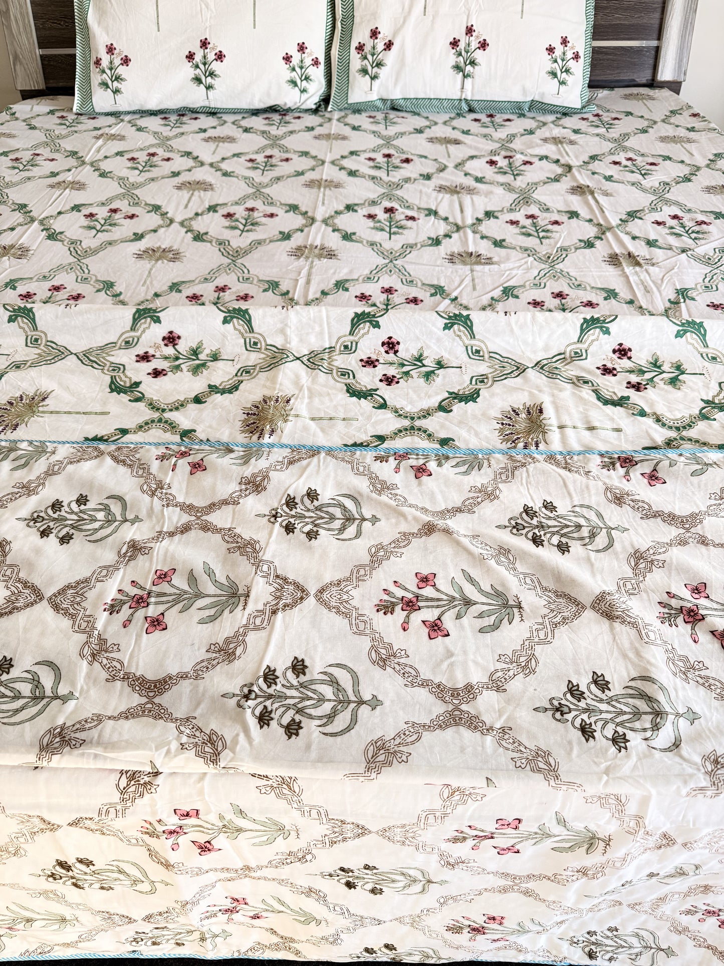 Green Floral Handblock Double Bedsheet