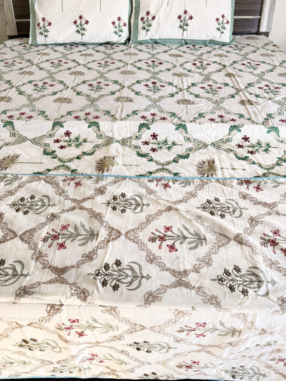 Green Floral Handblock Double Bedsheet